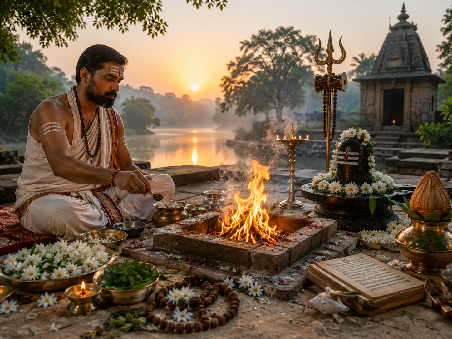 Pandit accomplissant un havan consacré à Shiva au coucher du soleil, avec lingam, trishul et temple en Inde
